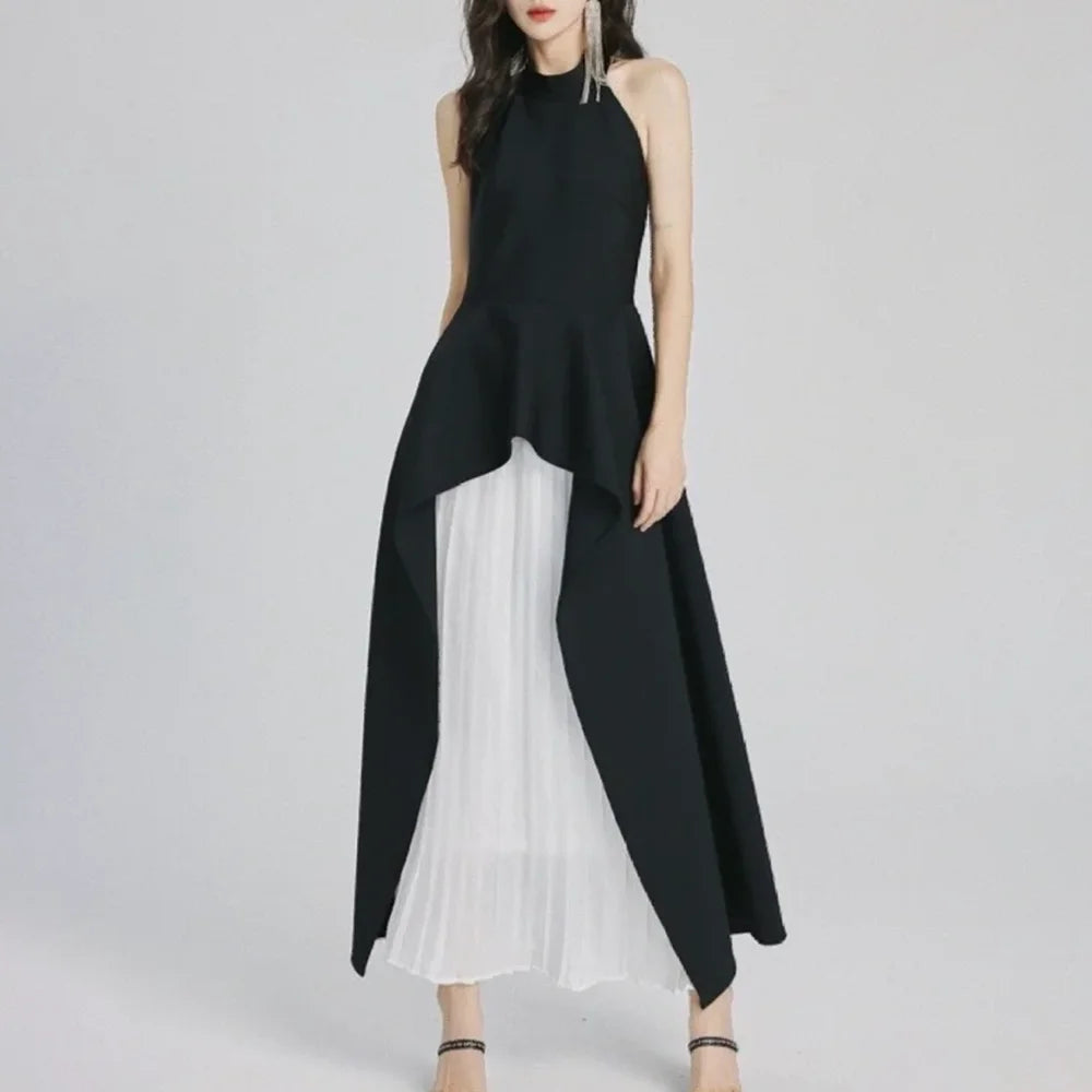 طقم من قطعتين من TWOTWINSTYLE بألوان مميزة للنساء، يتكون من قمصان غير منتظمة بياقة دائرية وخصر مرتفع وتنورة متوسطة الطول مطوية، طقم ملابس نسائية