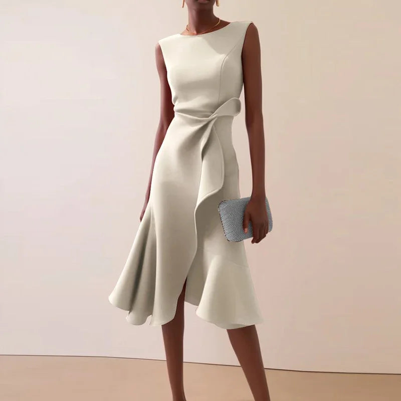 Solid Commute Dress Slim Ruffle