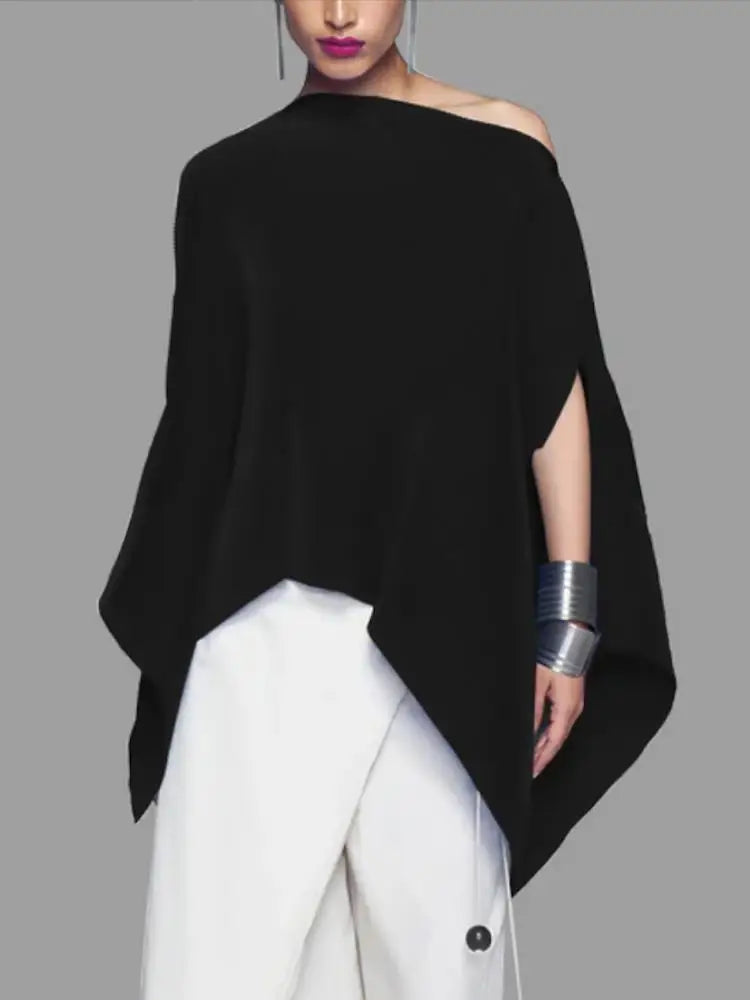 Irregularly Cut Top Black Skew Collar Top