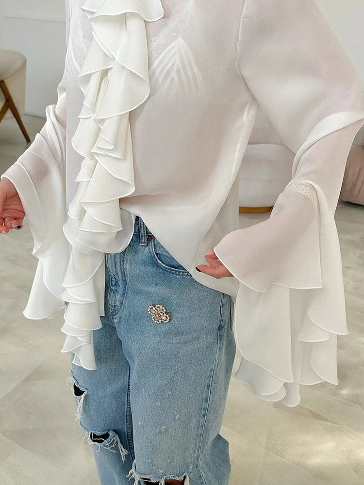 White Ruffle Blouse Shirt