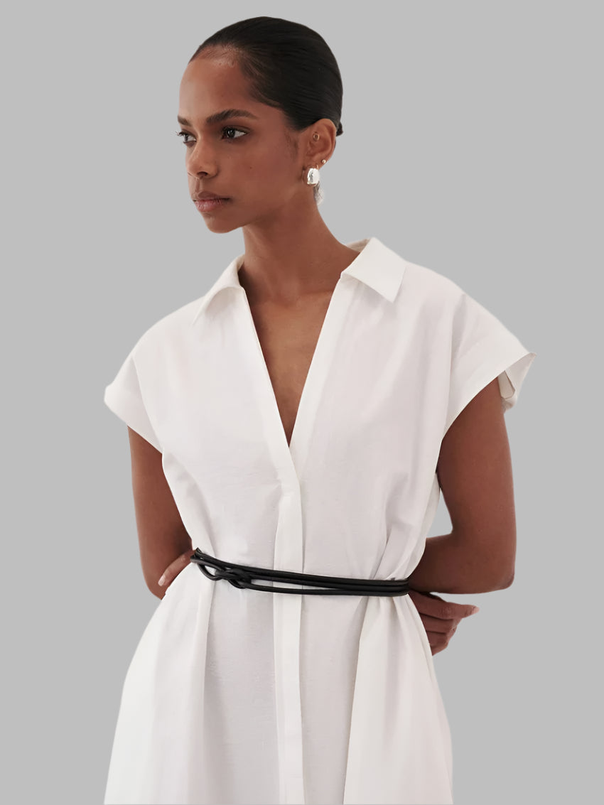 White Cotton Lapel Dress