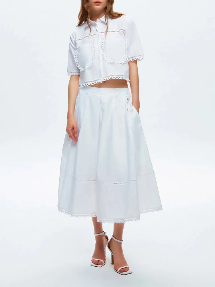Set  Lapel Short Sleeve Top High Waist Line Skirt