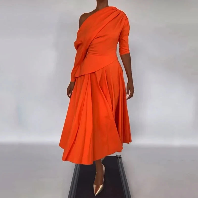 Orange Pleated One-Shoulder Dress