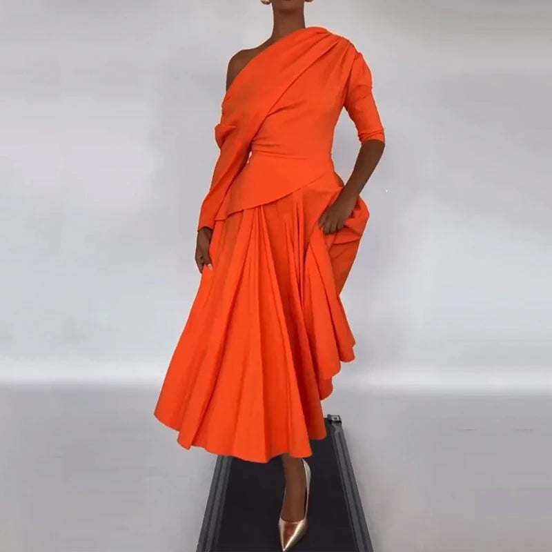 Orange Pleated One-Shoulder Dress