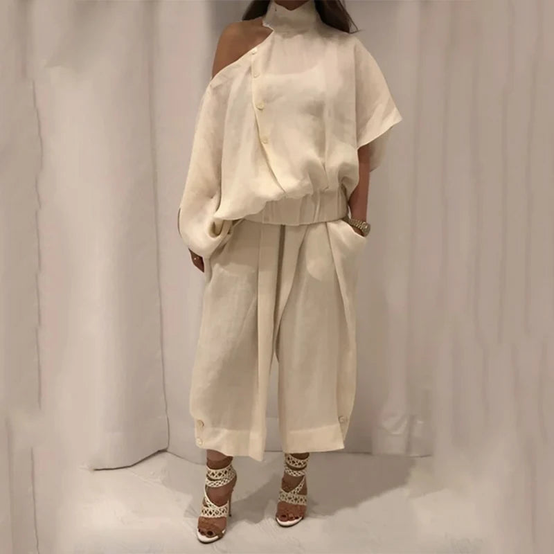 Cream Wide-Leg & Cold Shoulder Set
