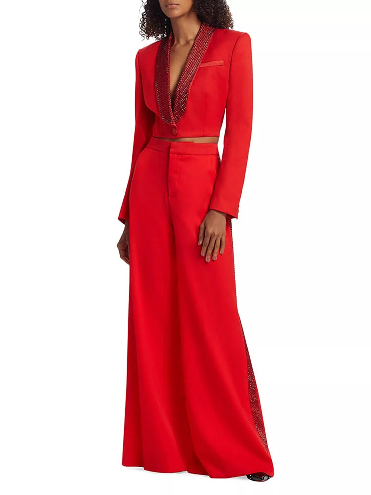 Lapel Hollow Out Top High Waist Wide Leg Pan