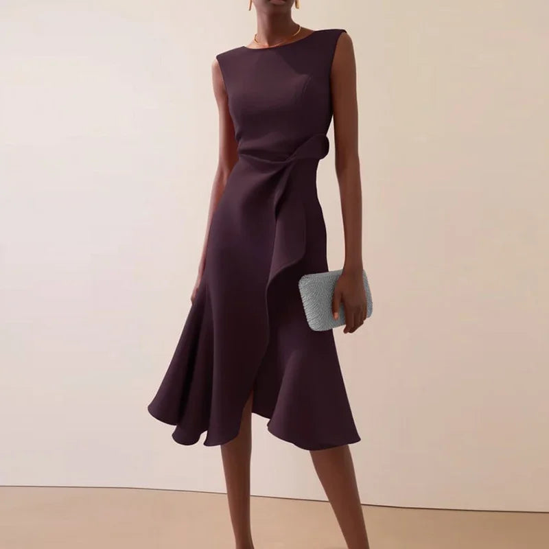 Solid Commute Dress Slim Ruffle