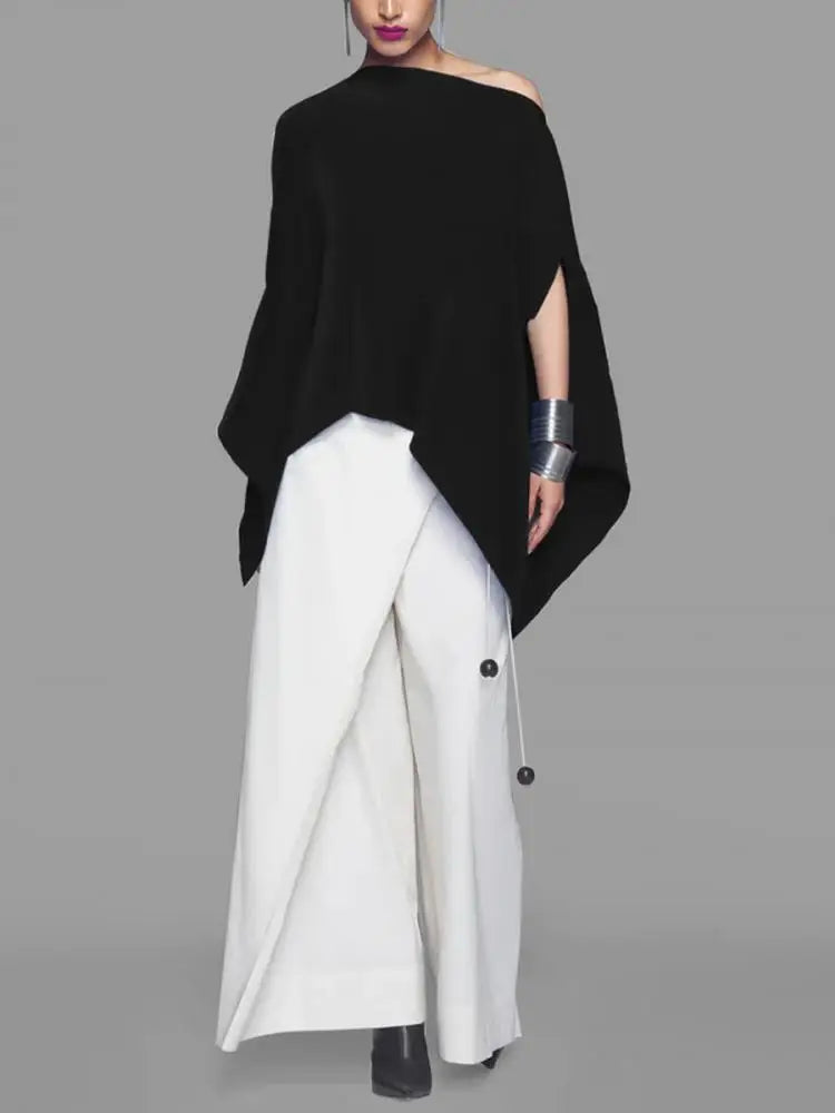 Irregularly Cut Top Black Skew Collar Top