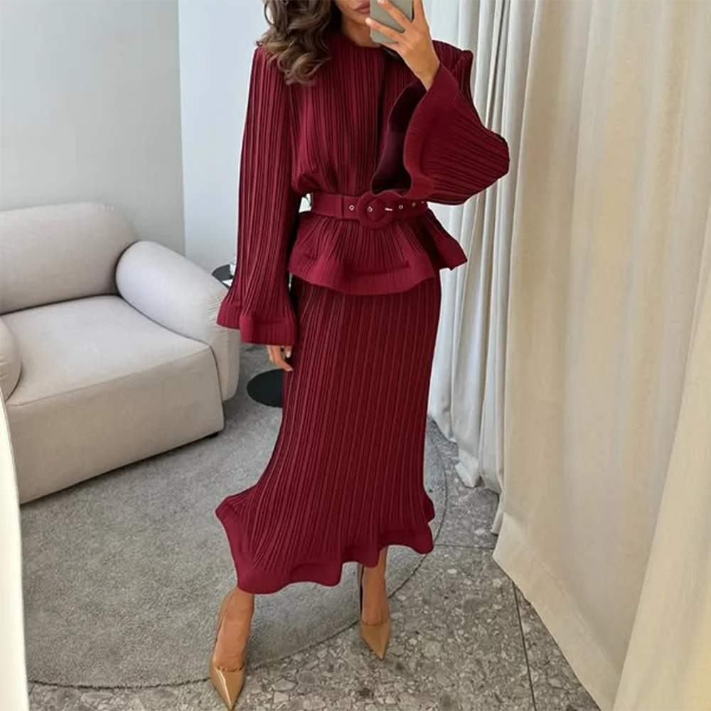 O Neck Spliced Ruffles Tops High Waist Skirt