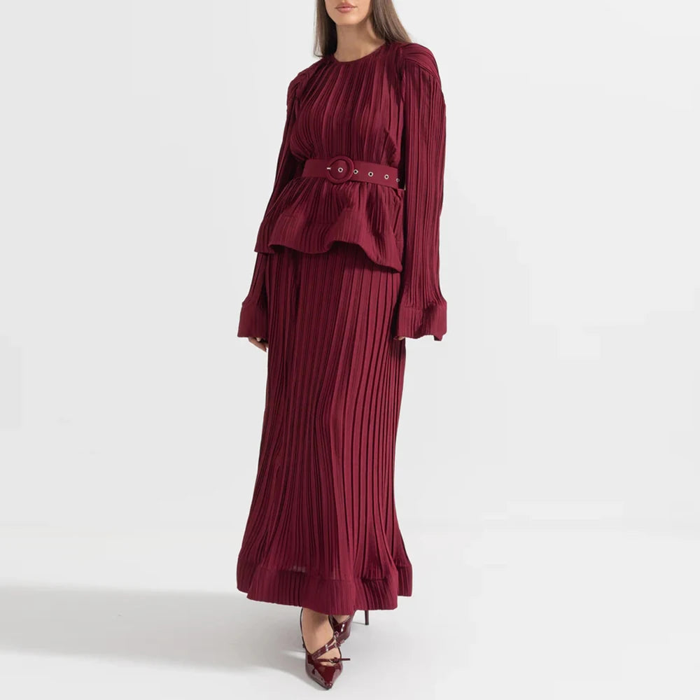 O Neck Spliced Ruffles Tops High Waist Skirt