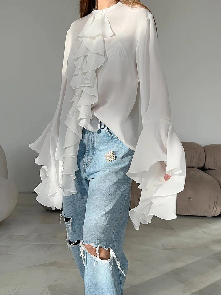 White Ruffle Blouse Shirt