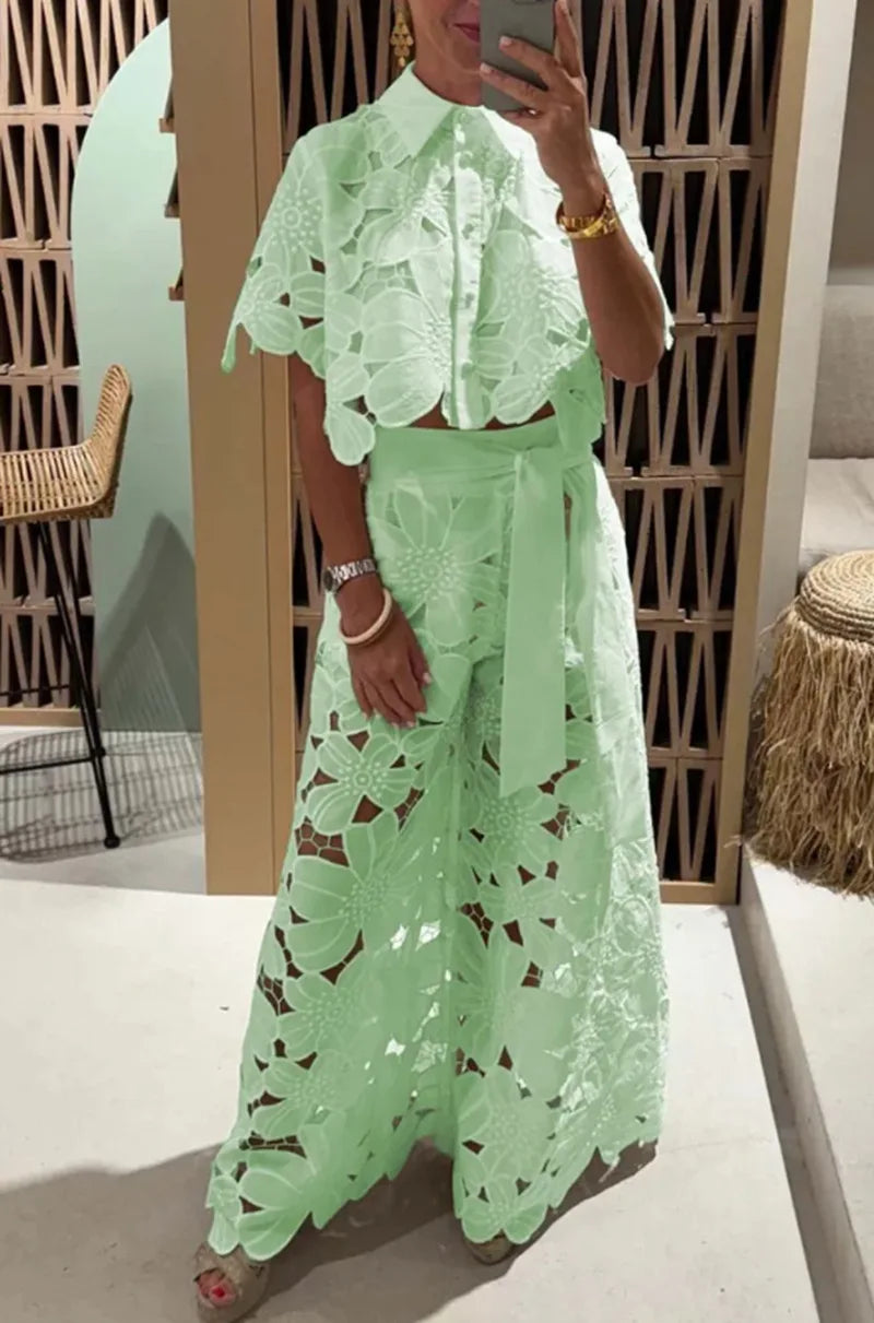 Laced Shirt & Wide-leg Pants
