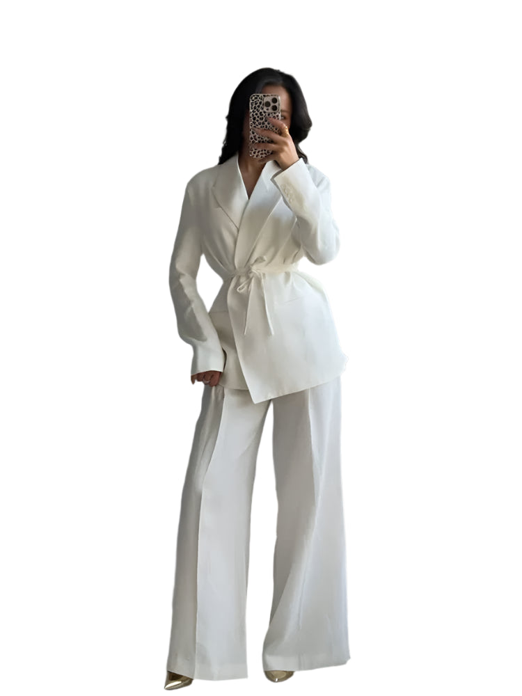Long Sleeves Lace-Up Blazers & High Waist Zipper Long Pants