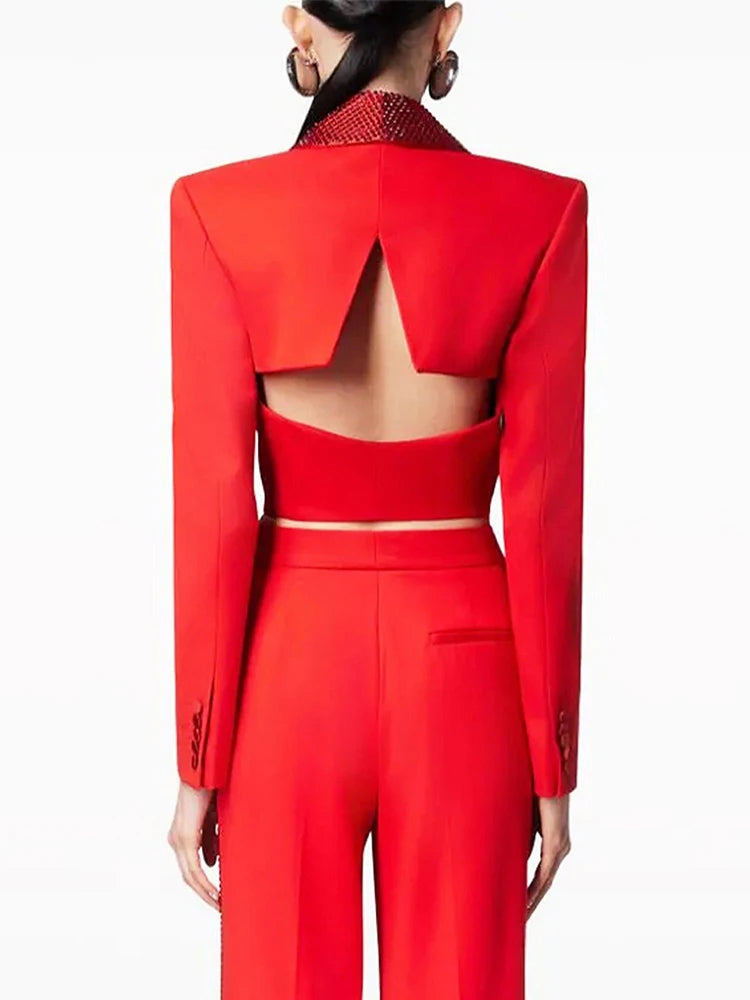 Lapel Hollow Out Top High Waist Wide Leg Pan
