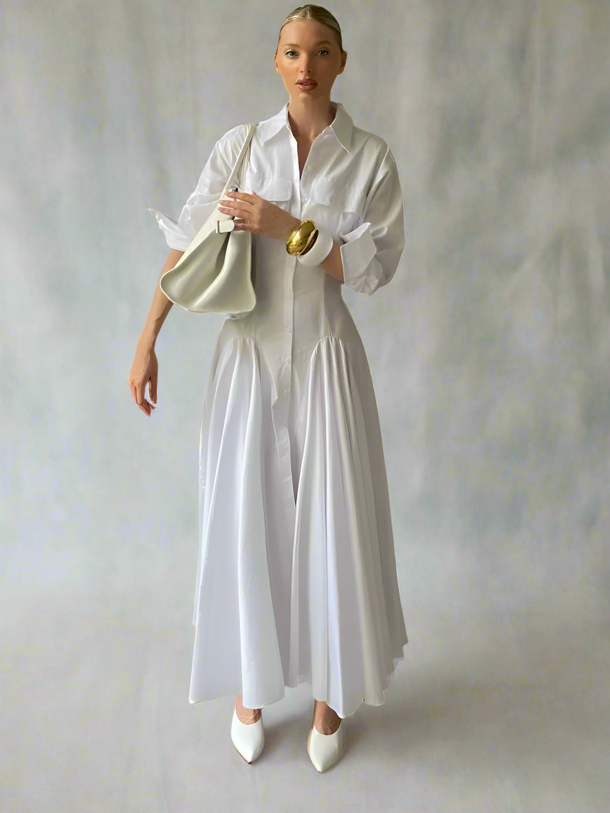 White Pleated Lapel Dress