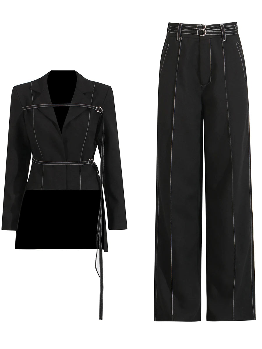 Two Piece Set Notched Collar Long Sleeve  High Waist Straight Pant