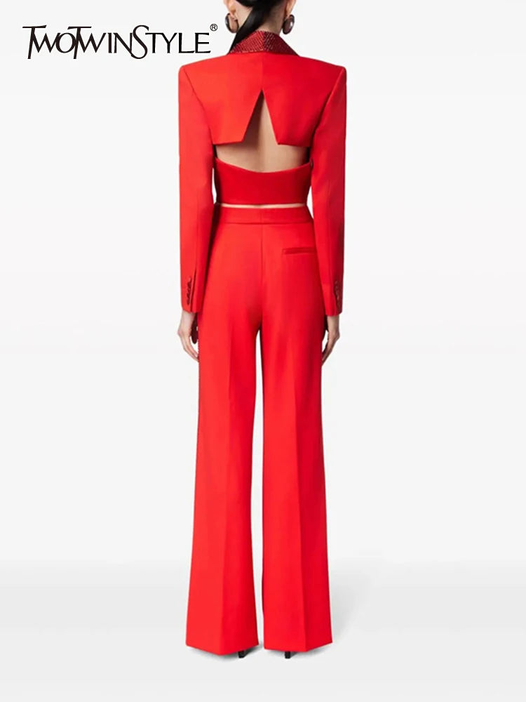 Lapel Hollow Out Top High Waist Wide Leg Pan