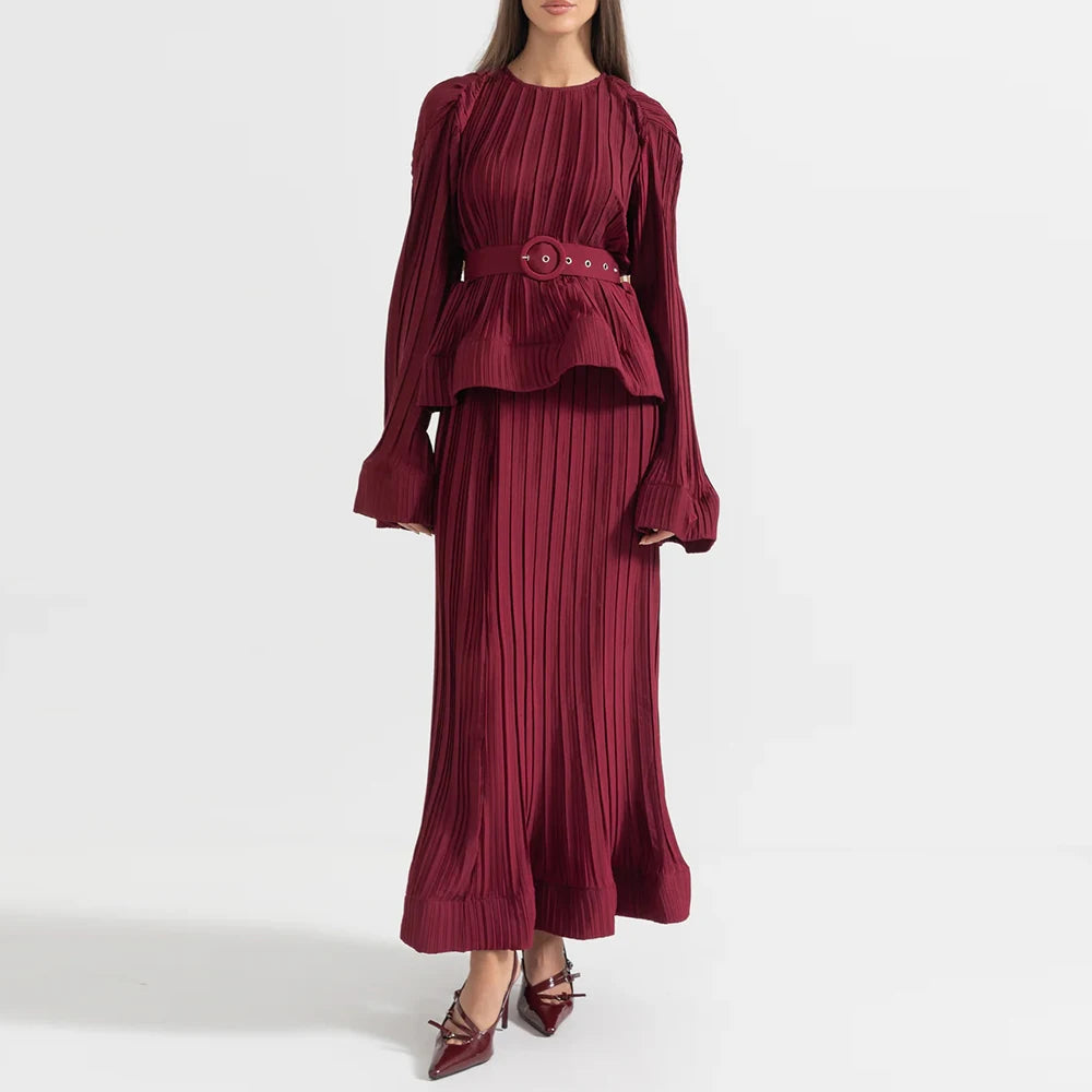 O Neck Spliced Ruffles Tops High Waist Skirt