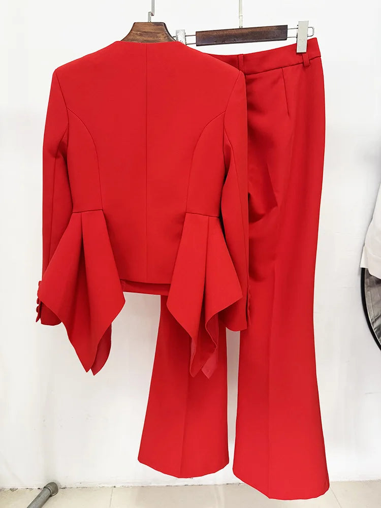 Sets V Neck Irregular Coat High Waist Pants