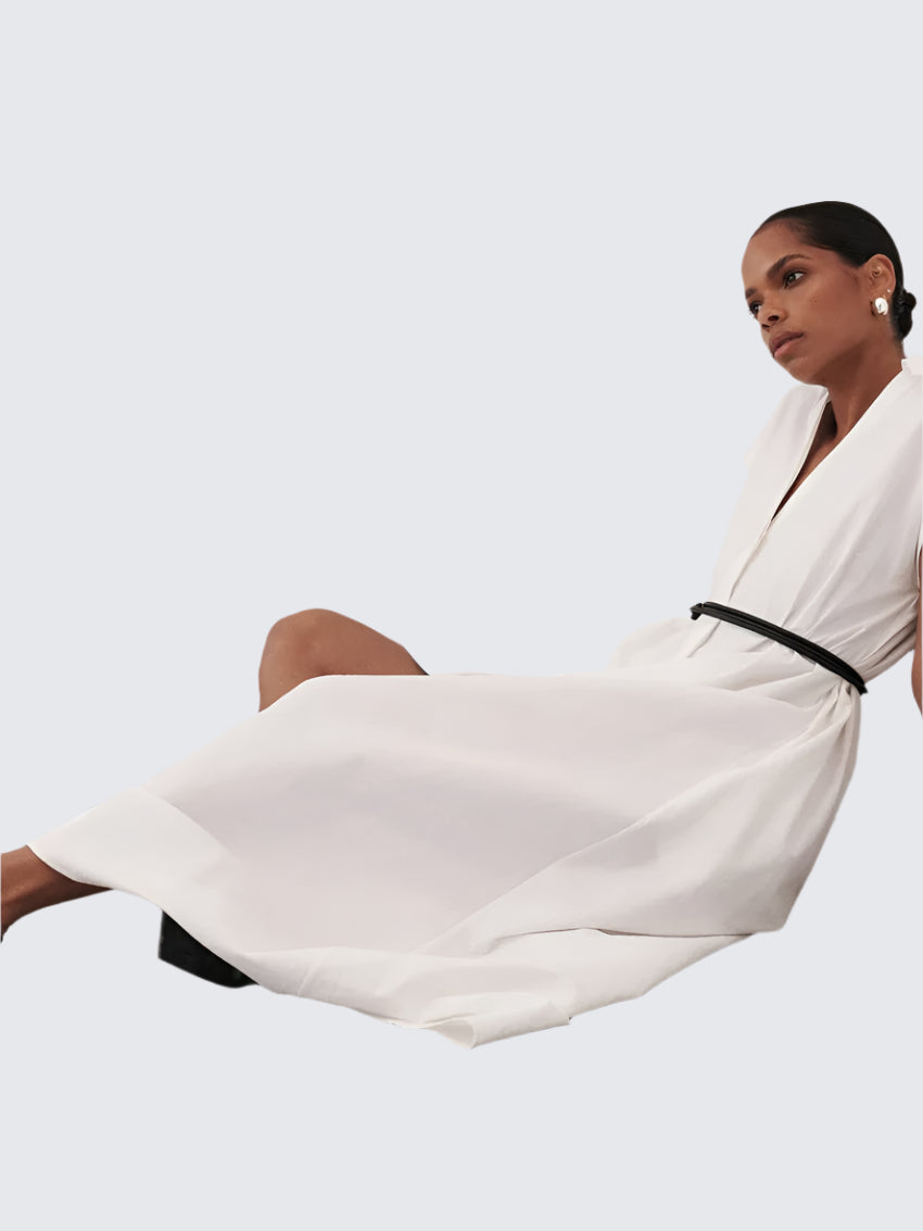 White Cotton Lapel Dress
