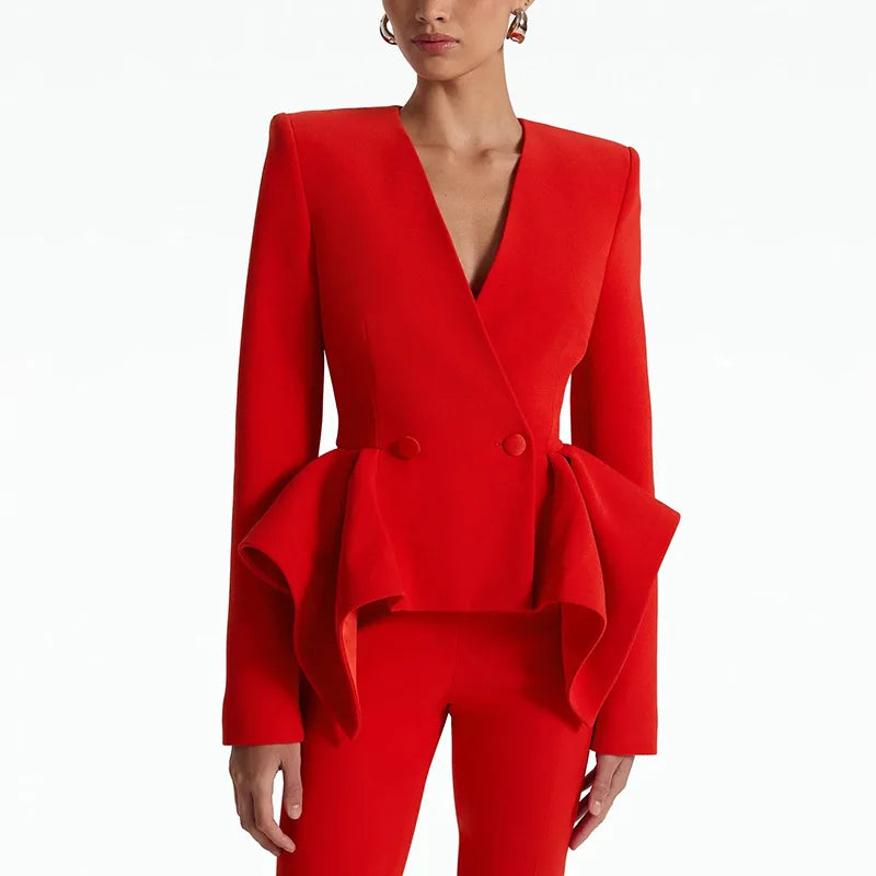 Sets V Neck Irregular Coat High Waist Pants