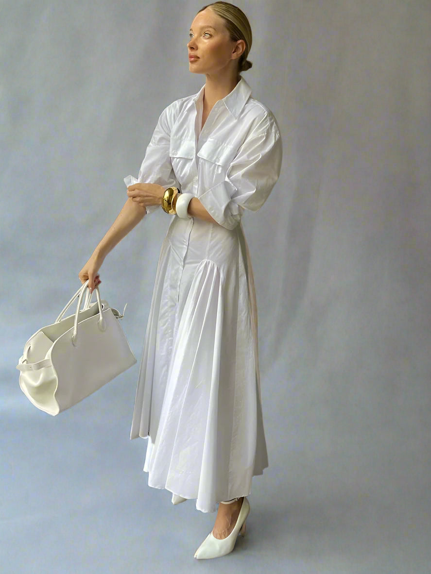 White Pleated Lapel Dress