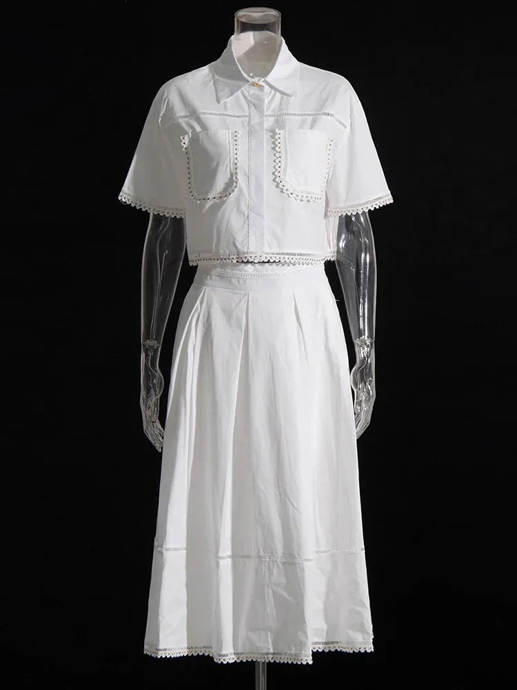 Set  Lapel Short Sleeve Top High Waist Line Skirt