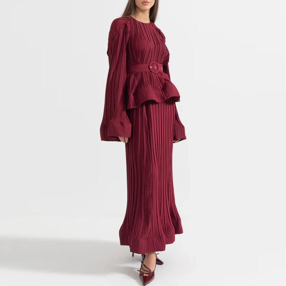 O Neck Spliced Ruffles Tops High Waist Skirt