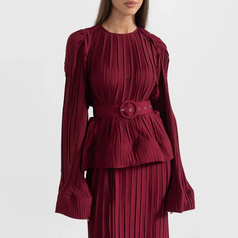 O Neck Spliced Ruffles Tops High Waist Skirt