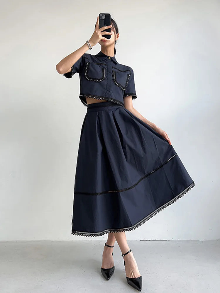 Set  Lapel Short Sleeve Top High Waist Line Skirt