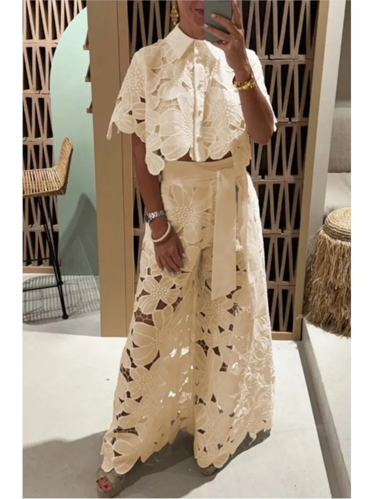 Laced Shirt & Wide-leg Pants
