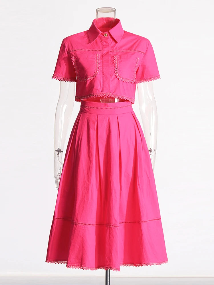 Set  Lapel Short Sleeve Top High Waist Line Skirt