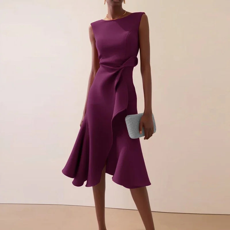 Solid Commute Dress Slim Ruffle
