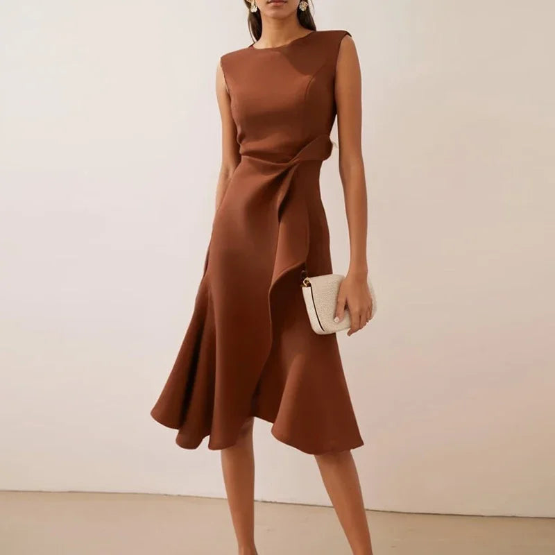 Solid Commute Dress Slim Ruffle