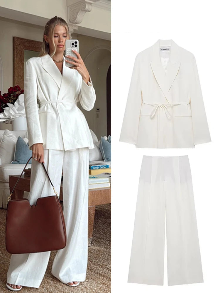 Long Sleeves Lace-Up Blazers & High Waist Zipper Long Pants