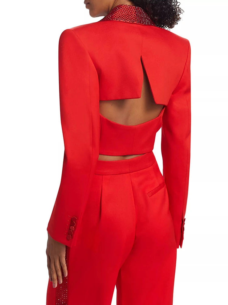 Lapel Hollow Out Top High Waist Wide Leg Pan