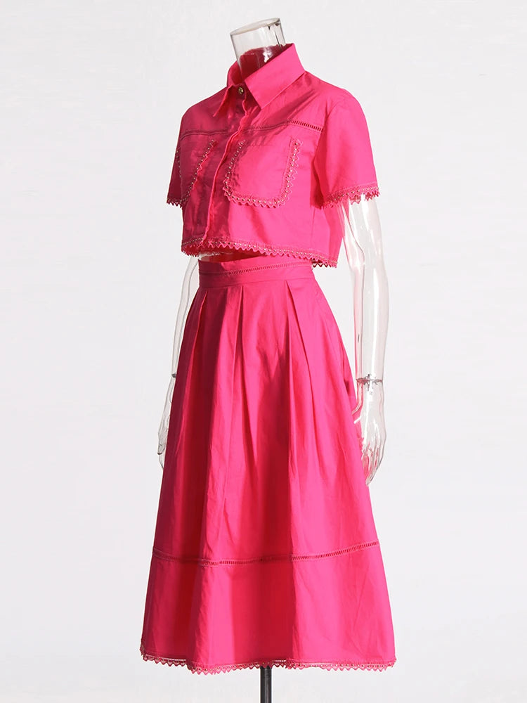 Set  Lapel Short Sleeve Top High Waist Line Skirt