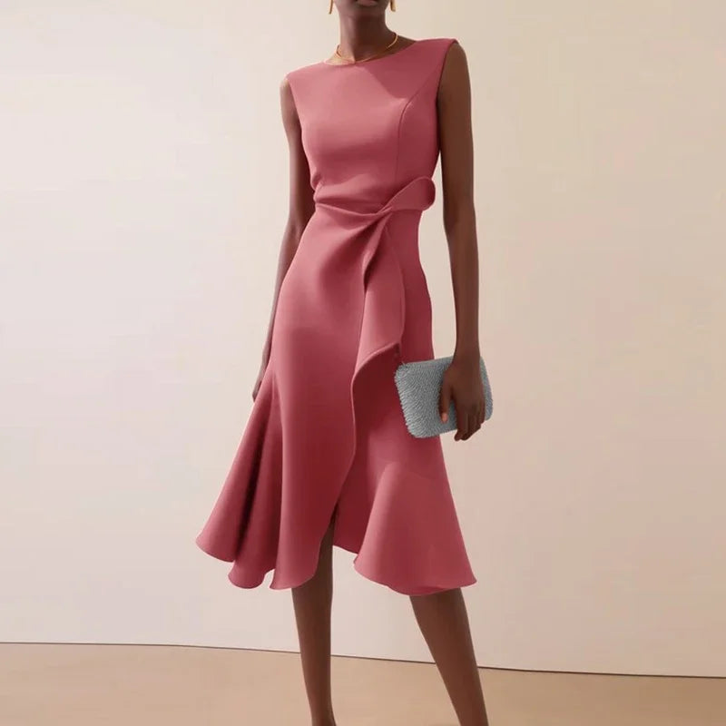 Solid Commute Dress Slim Ruffle
