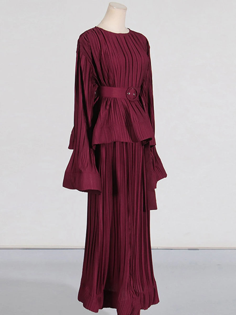 O Neck Spliced Ruffles Tops High Waist Skirt