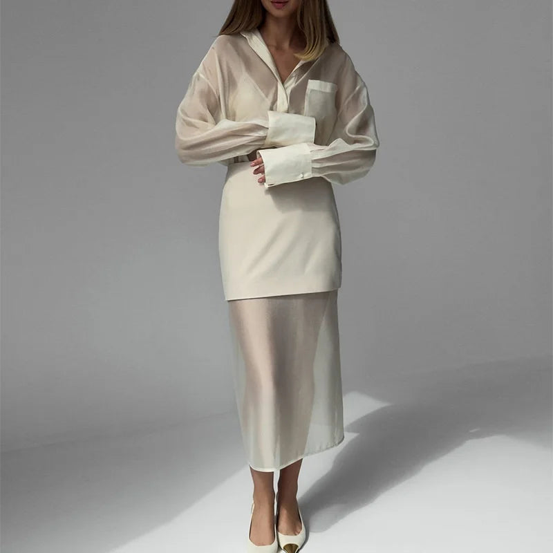 White Skirts Set  Long Sleeve Blouses
