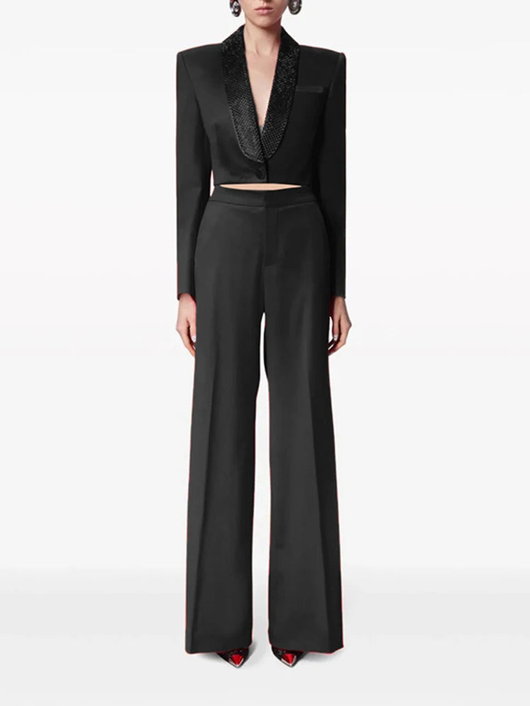 Lapel Hollow Out Top High Waist Wide Leg Pan