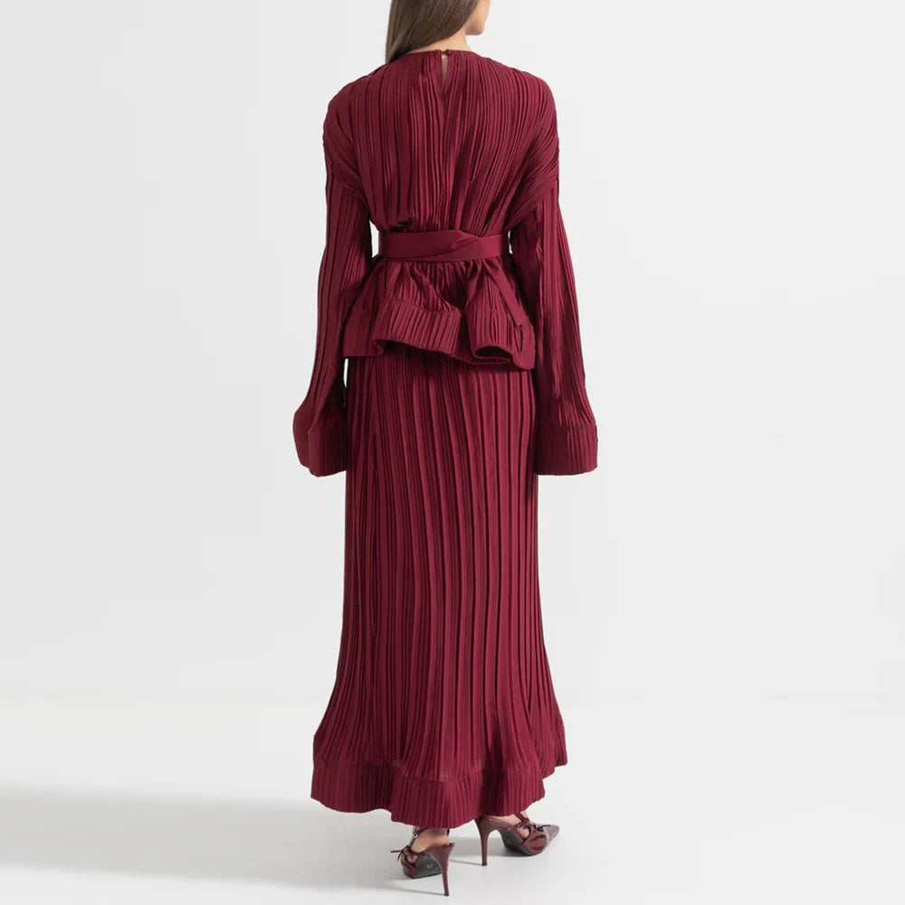 O Neck Spliced Ruffles Tops High Waist Skirt