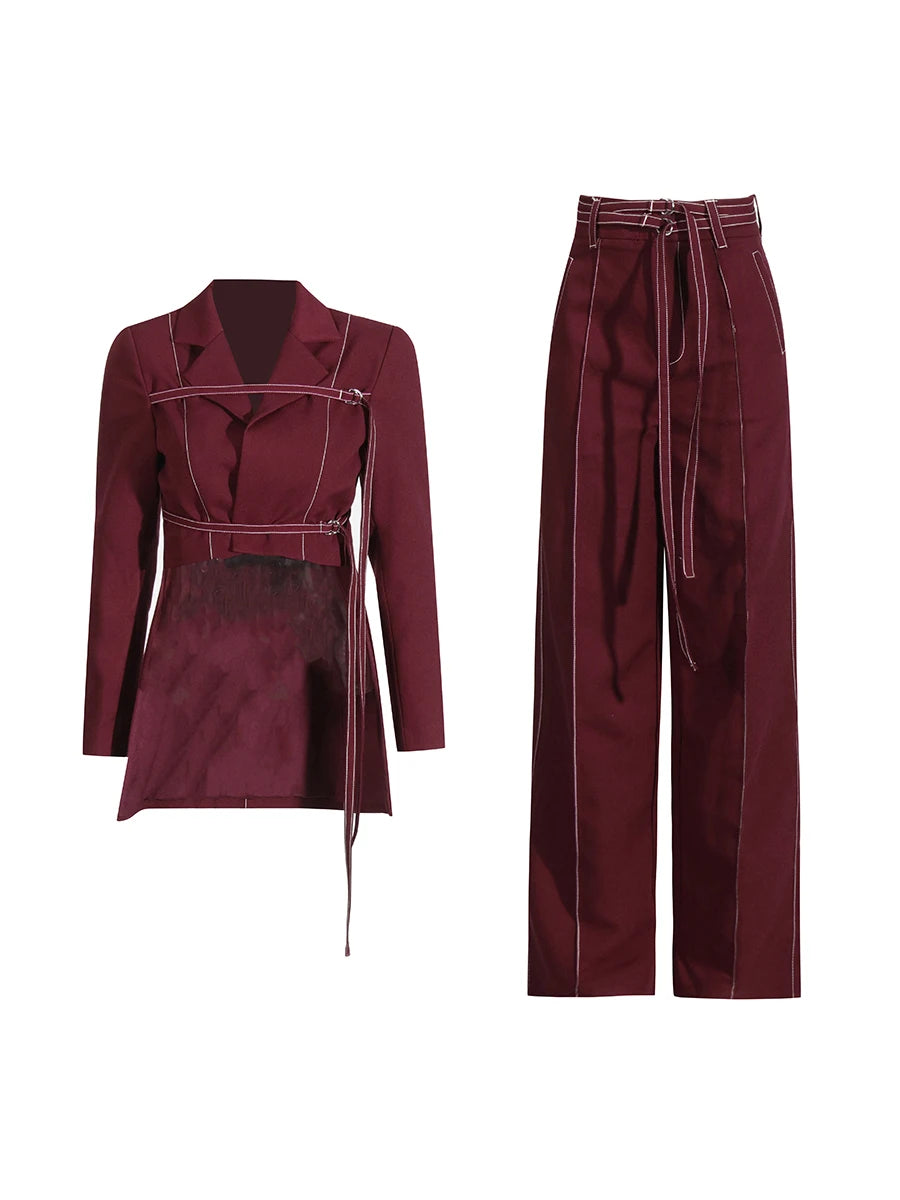 Two Piece Set Notched Collar Long Sleeve  High Waist Straight Pant