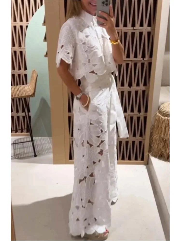 Laced Shirt & Wide-leg Pants