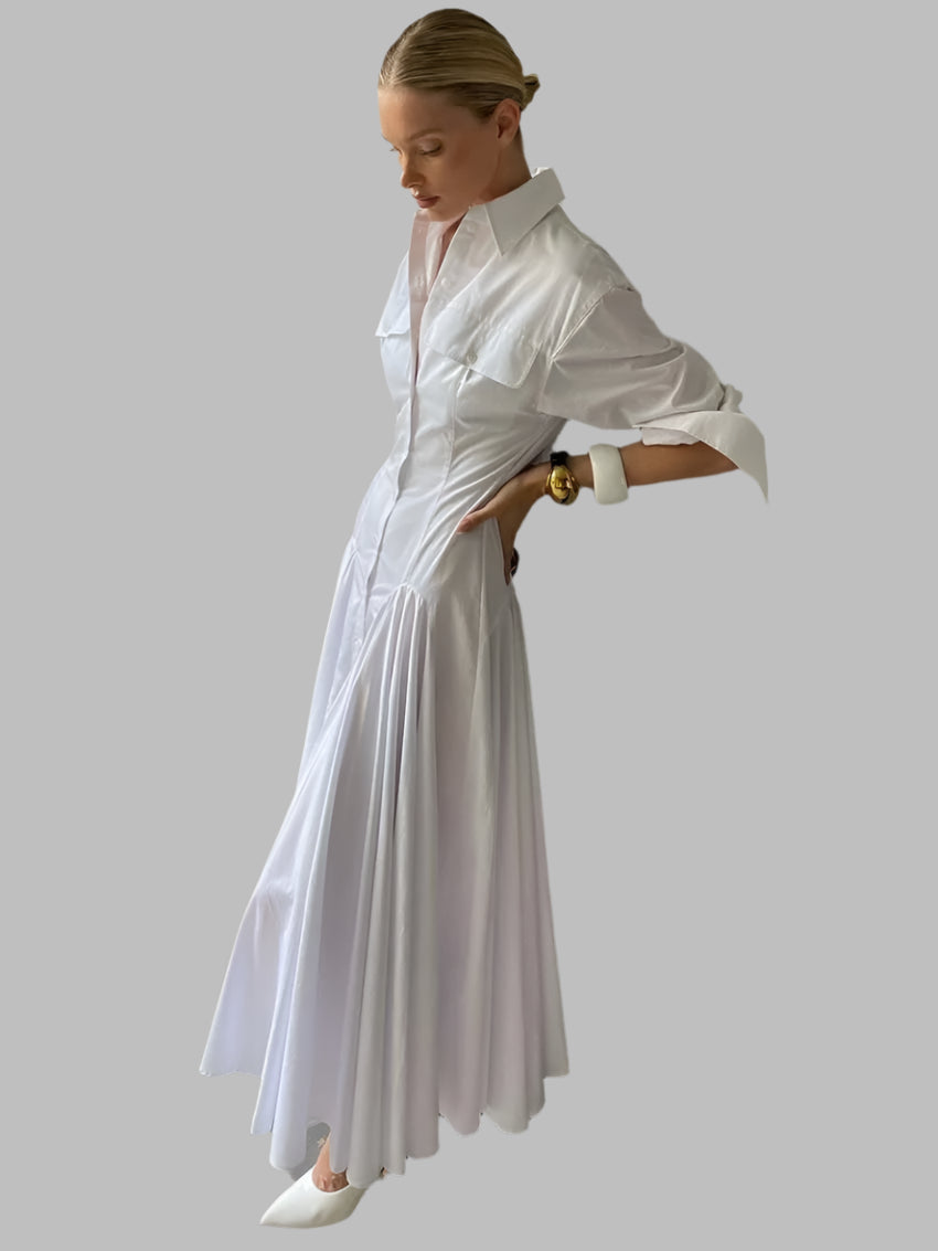 White Pleated Lapel Dress