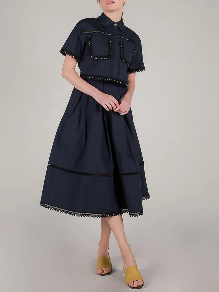 Set  Lapel Short Sleeve Top High Waist Line Skirt
