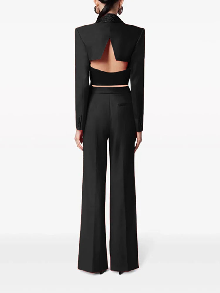 Lapel Hollow Out Top High Waist Wide Leg Pan