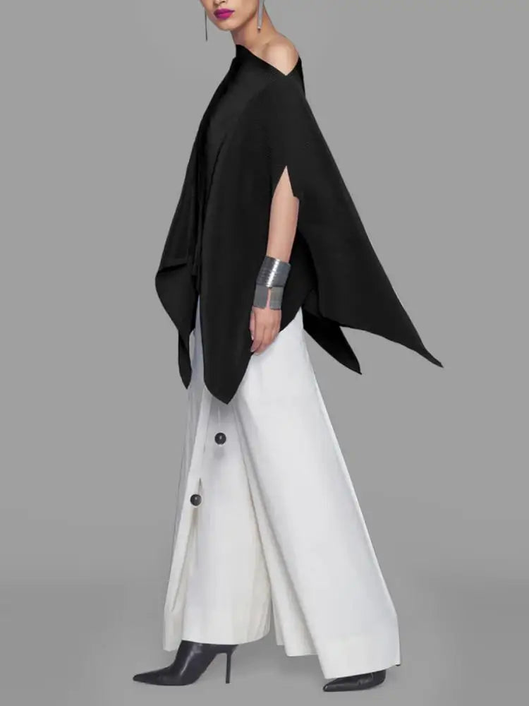 Irregularly Cut Top Black Skew Collar Top