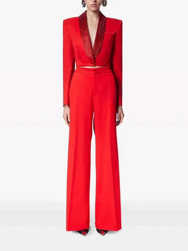 Lapel Hollow Out Top High Waist Wide Leg Pan