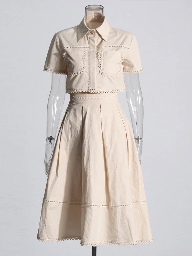 Set  Lapel Short Sleeve Top High Waist Line Skirt